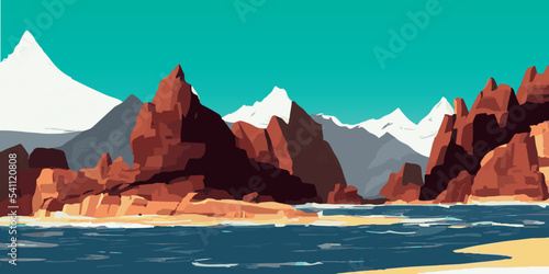 Detailed mountain and sea landscape  modern minimalistic vector background 