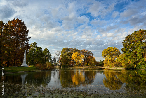 Reflections in a pond autumn in Spring Grove Cemetery in Cincinnati, Ohio