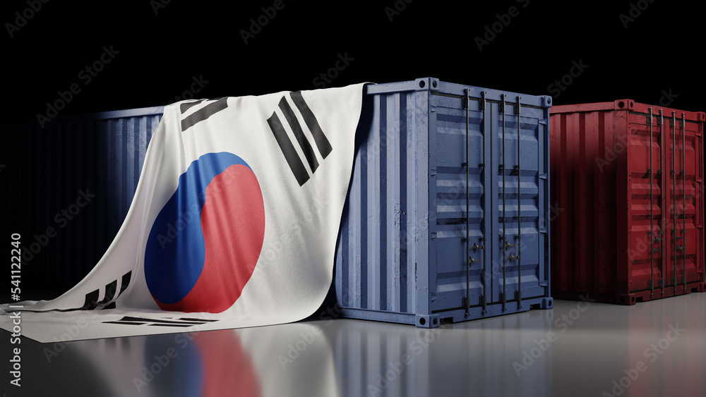 south korea national flag and container box, 3d rendering - obrazy, fototapety, plakaty 