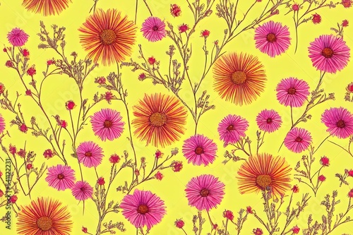 Seamless pattern with yellow flowers. Chamomile flowers background drawn on pink. An abstract linear sketch of blooming flowers. Trendy exotic botanical texture, printing.