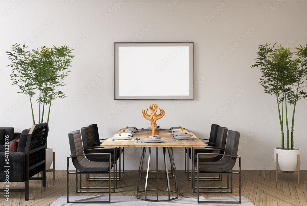 Fototapeta premium 3D illustration Mockup blank photo frame in dining room rendering