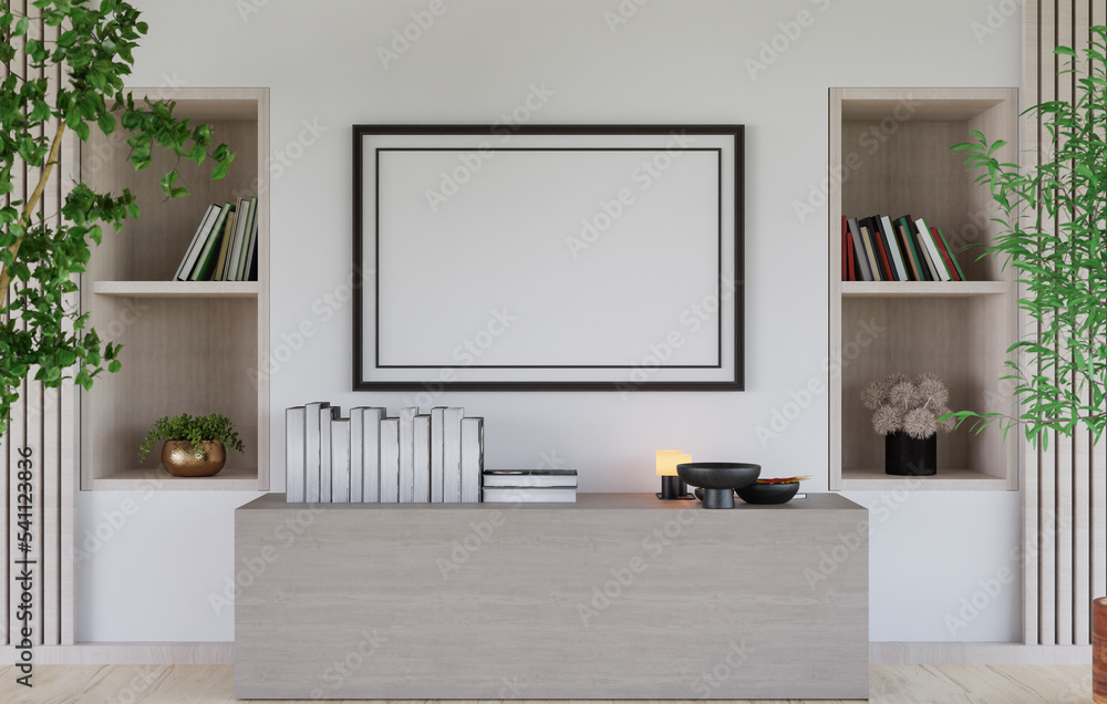 3D mockup blank photo frame in living room rendering 3D mockup blank photo frame in living room rendering