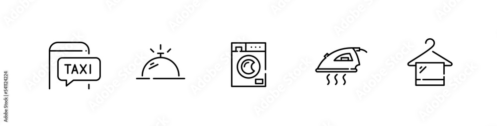5 hotel and accommodation icons. Taxi, room service, washing machine, iron and laundry. Pixel perfect, editable stroke 5 hotel and accommodation icons. Taxi, room service, washing machine, iron and laundry. Pixel perfect, editable stroke