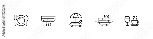 5 resort icons. Restaurant, air conditioning unit, beach umbrella, spa and cafe. Pixel perfect, editable stroke