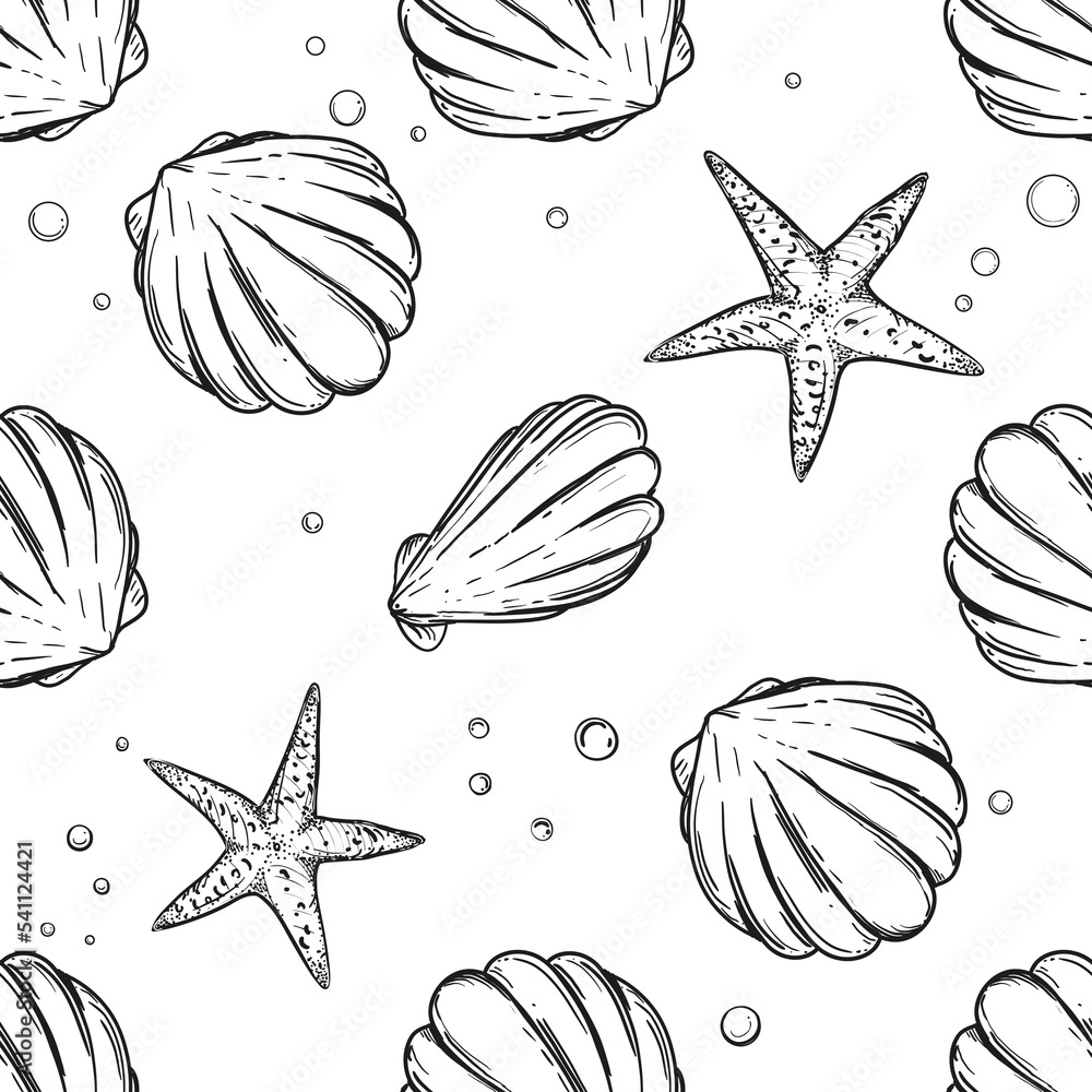 Detailed hand drawn black and white illustration seamless pattern of ...
