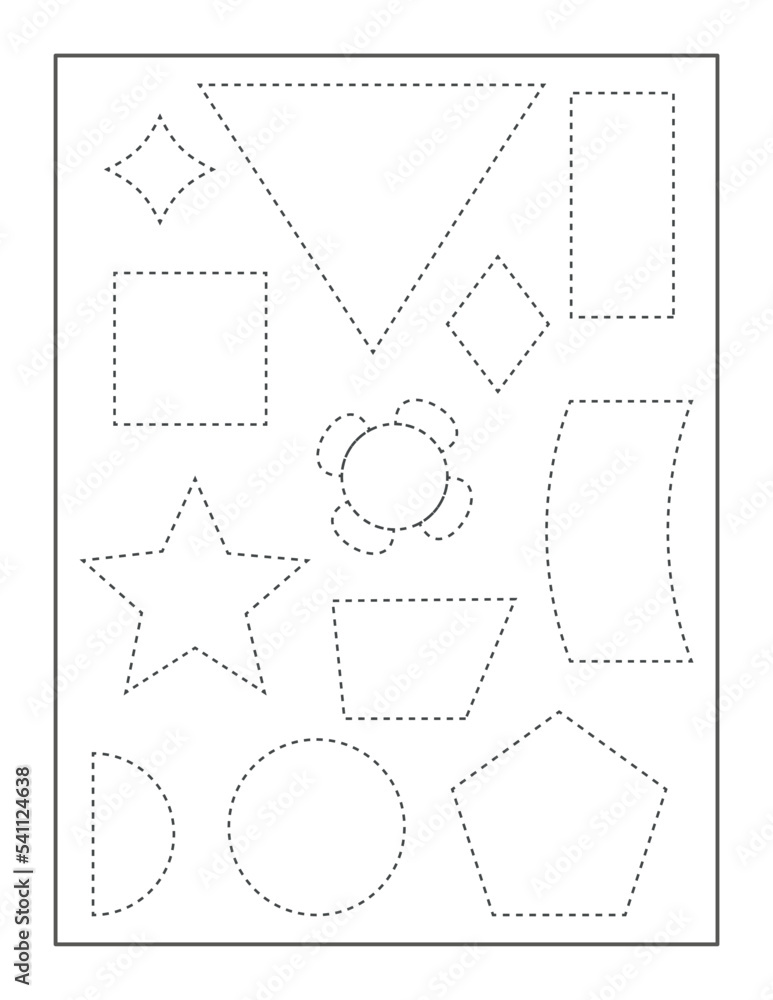 geometric shapes continue the pattern with pen, dotted line practice worksheet for preschoolers