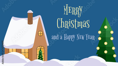 Christmas greeting card with festive cottage and Christmas tree decorated with string lights inside and outside at night