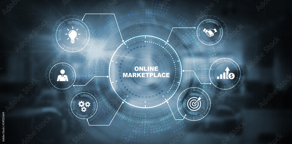 Online marketplace e-commerce internet shopping business concept. 3d illustration Online marketplace e-commerce internet shopping business concept. 3d illustration