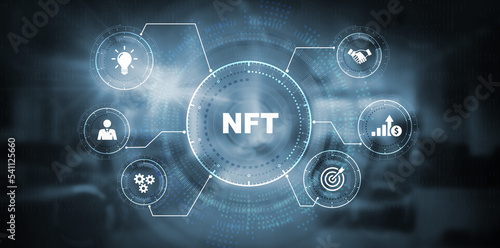 NFT Non-fungible token digital crypto  on virtual screen. 3d illustration