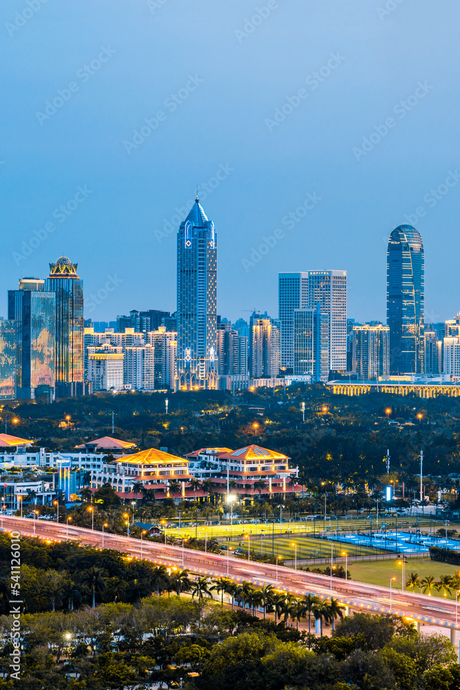 Night scenery of the International Trade CBD building complex in Wanlvyuan, Haikou, Hainan, China