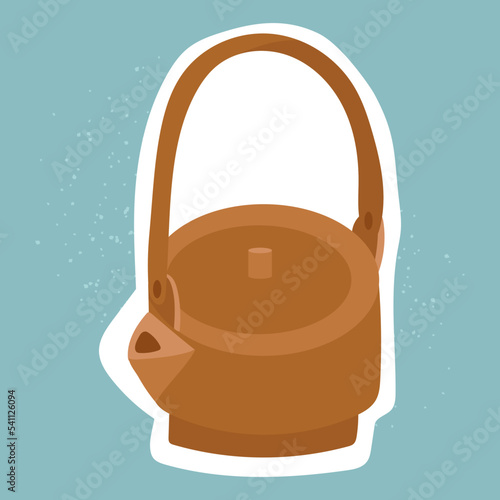 Brown teakettle vector sticker on white. Isolated hand drawn sticker of ceremony tea pot on white