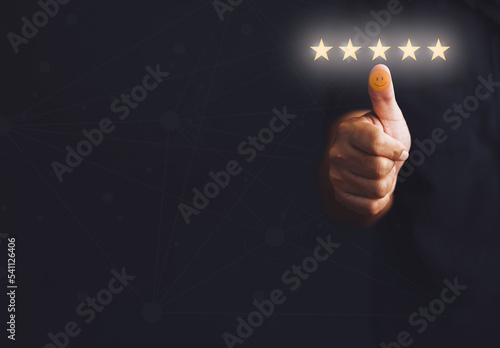 Satisfaction customer positive, review feedback five star Concept. Men choose feedback 5 star on virtual screen give rating service excellence,customer service, survey, customer smile happy.