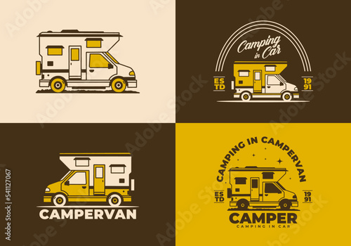 Vintage art illustration of a camper van