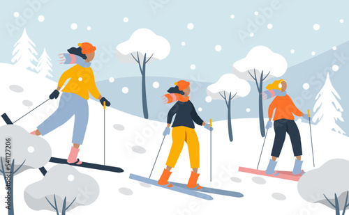 vector illustration in a flat style on the theme of winter pastime. happy women skiing down the mountain