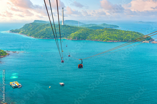 View of longest cable car ride in the world, Phu Quoc island, Vietnam. Below is seascape with tropical islands and boats.
