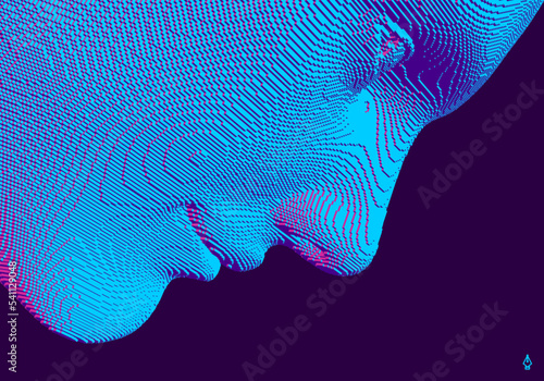 Man's face looking down. Portrait of smiling man. Abstract digital human head constructing from cubes. Technology concept. Voxel art. 3D vector illustration for presentations, flyers or posters.