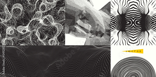 Black and white design. Science or technology illustration. 3d grid surface. Abstract man head made from dots. Circular background with many thin lines.