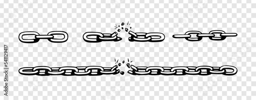 Broken chain with shatters as symbol of strength and freedom. Sketch of metal chains. Vector illustration isolated in transparent background