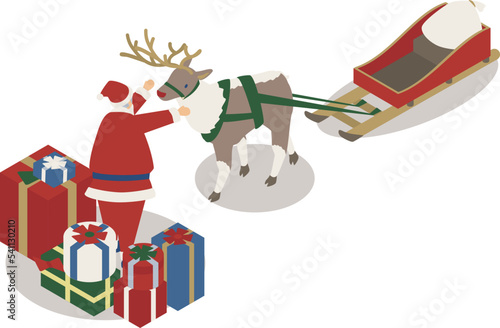 クリスマスのためにたくさんプレゼントを買ったサンタさんと迎えに来たトナカイ