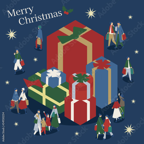 大きなプレゼントボックスとショッピングを楽しむ人々
