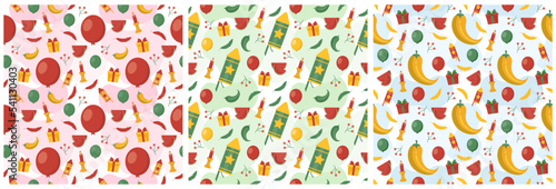 Set of Happy Kwanzaa Holiday African Seamless Pattern Design with Festival Style Element on Template Hand Drawn Cartoon Flat Illustration