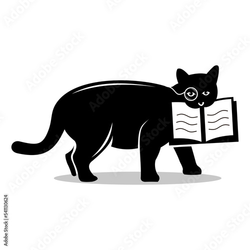 Cute fat cat logo silhouette researcher in glasses walking while biting a book