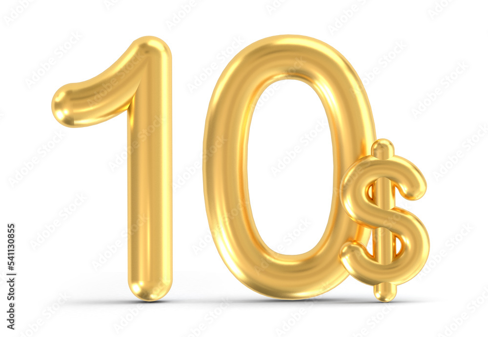 3d golden 10 dollar isolated on background. 3d illustration.