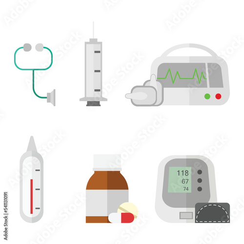 medical element stethoscope, defibrillator, hypodermic syringe, Blood pressure meter, Thermometer, medicine, vector illustration