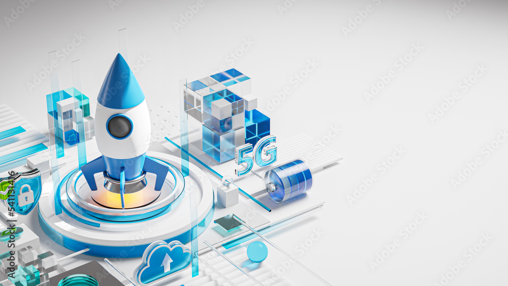 Rocket Ship Startup Launch Technology Icon Glass Blue Banner Copyspace 3D Render