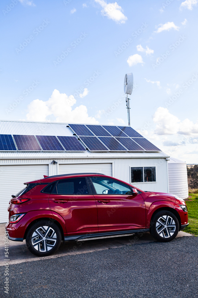 sustainable off grid living with electric vehicle car and solar power