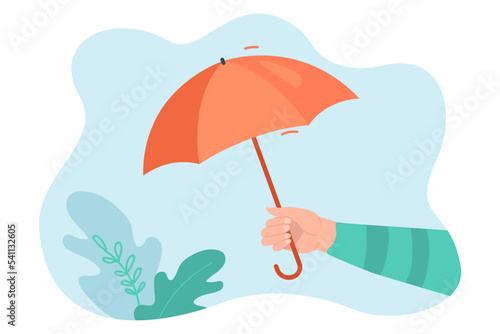Hand holding umbrella flat vector illustration. Umbrella on blue background as symbol of protection from bad weather  rain or problems. Security  weather  support  meteorology concept