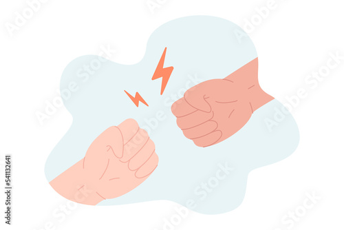Two fists against each other with danger arrow above. People or enemies having conflict, getting ready to fight flat vector illustration Confrontation, disagreement concept