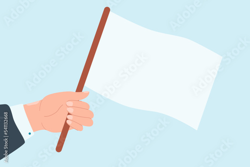 White flag in hands flat vector illustration. Person waving white flag on blue background as sign of peace, surrender or freedom. Love, frustration, challenge, announcement concept