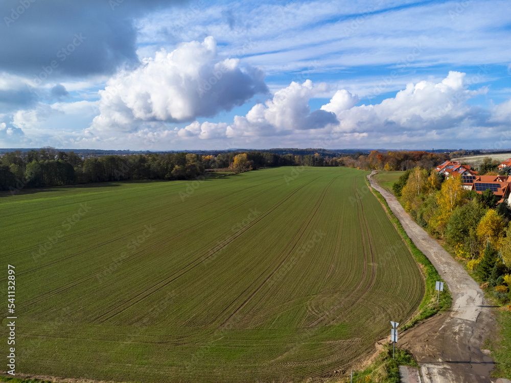 Aerial view. Field, path, clouds. Nature and greenery, a village. Polish landscape.
