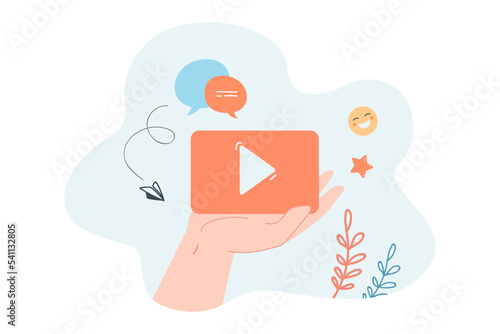 Hand holding video player sign flat vector illustration. Person watching movie or film on internet. Entertainment, multimedia, play button, cyberspace, television concept
