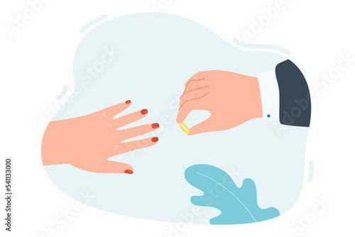 Male hand putting ring on female finger flat vector illustration. Man proposing to girlfriend. Wedding ceremony, engagement, love, romantic relationship concept