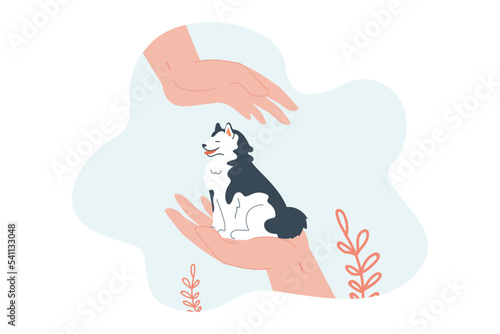 Happy dogs sitting on man hands flat vector illustration. Owner taking care of pretty doggy, stroking and spending time with cute animal. Pet, love, friend concept