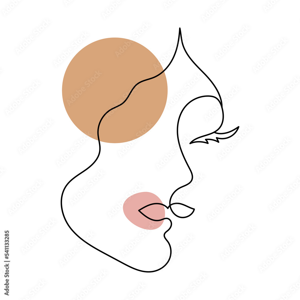 The face of a beautiful woman in the style of line art with colored spots