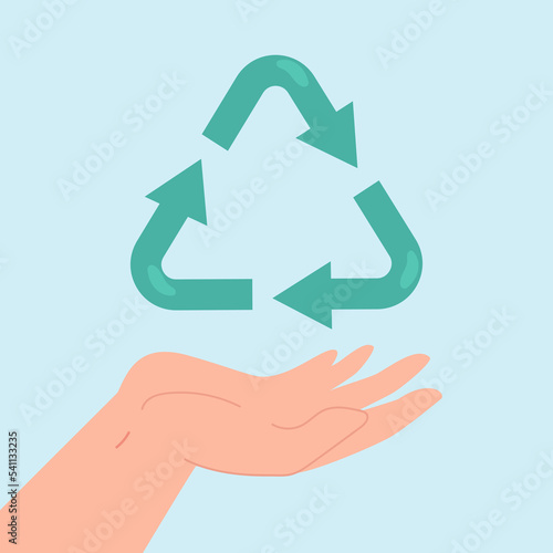 Hand holding triangle green recycle sign with arrow circulation. Person saving environment flat vector illustration. Eco friendly product concept for banner, website design or landing web page