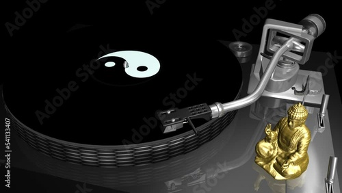 Turntable Player - Meditational Yin Yang Vinyl Label - Buddha Symbol - Playing Loop - Realistic 3D Animation photo