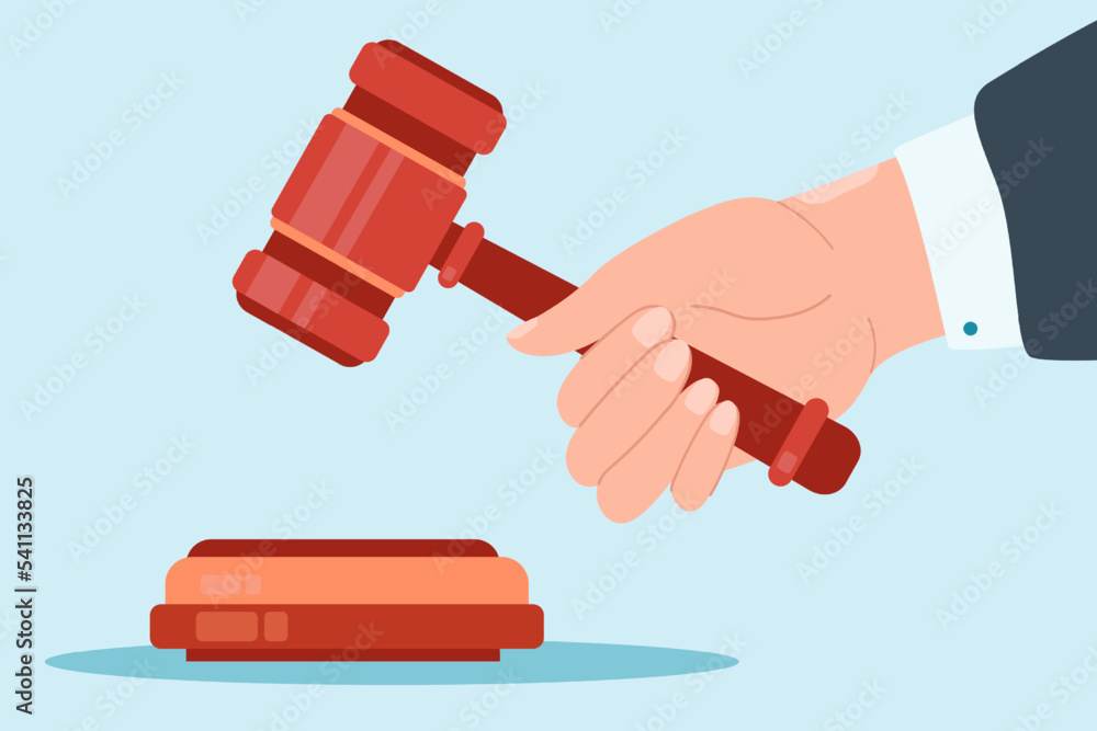 Gavel in judge hand flat vector illustration. Arbiter knocking gavel or