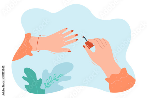 Female hands painting nails flat vector illustration. Woman taking care of herself, doing beauty procedures at home. Cosmetology, femininity, hygiene, treatment concept