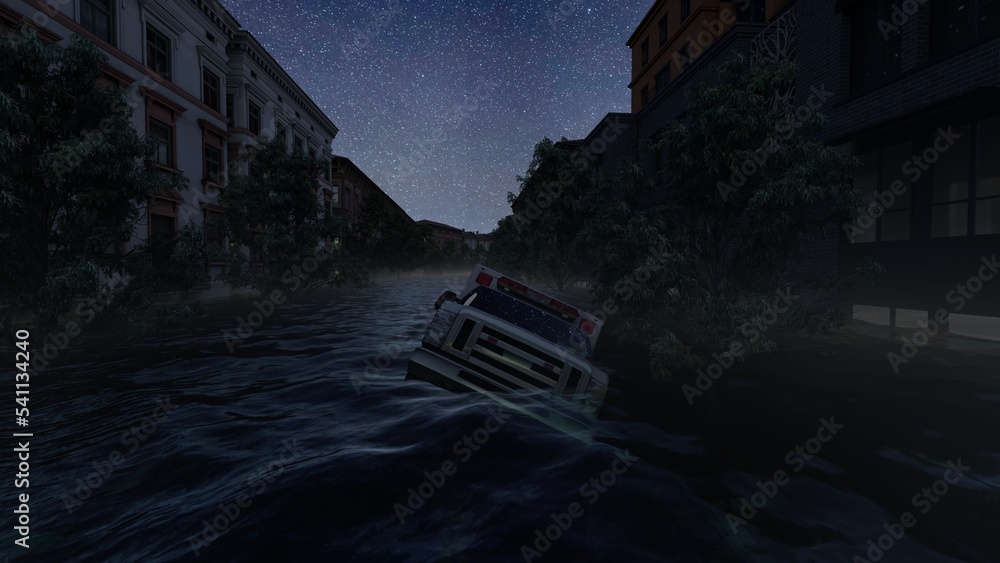 town sink underwater 3d render