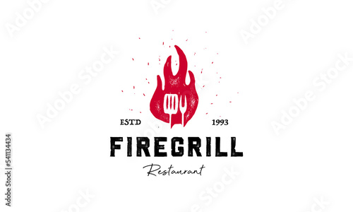 Fire flame grill spatula fork hipster vintage logo icon illustration