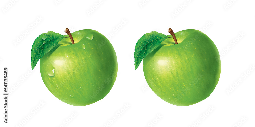 Green apple, illustration, isolated on white background, realism, photo realistic Green apple, illustration, isolated on white background, realism, photo realistic