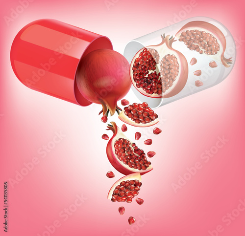 Medicinal capsules open up there are pomegranate. illustration vector