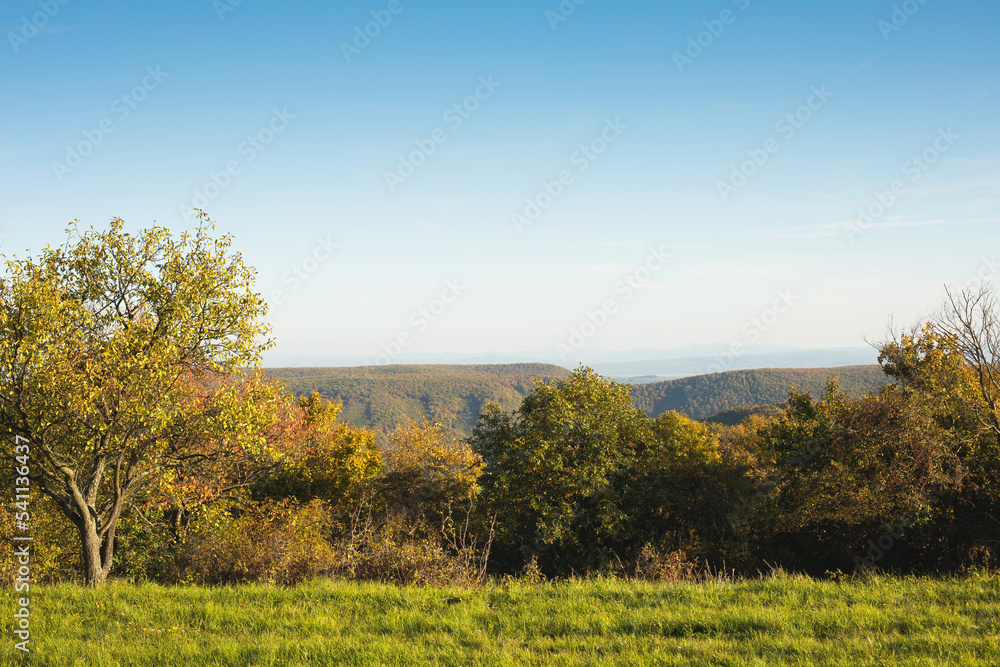 Fototapeta premium Hilly rural landscape in autumn season.