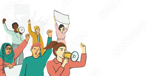 Crowd of diverse people on political meeting. Angry man and woman protest hold megaphone and posters. Protesting aggressive person at demonstration, parade or rally. Vector flat illustration
