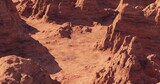 3d render of imaginary mars planet terrain, Mars planet landscape, orange eroded desert with mountains and sun, realistic science fiction illustration.