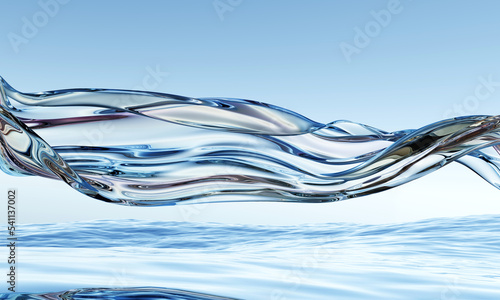 Fototapeta Naklejka Na Ścianę i Meble -  3d abstract glossy wavy background. Transparent glass ribbon flying on water reflection surface. Iridescent realistic 3d high quality render
